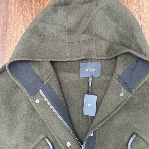 Maje wool blended coat with leather details. Military green color. Size 1. - Picture 5 of 16